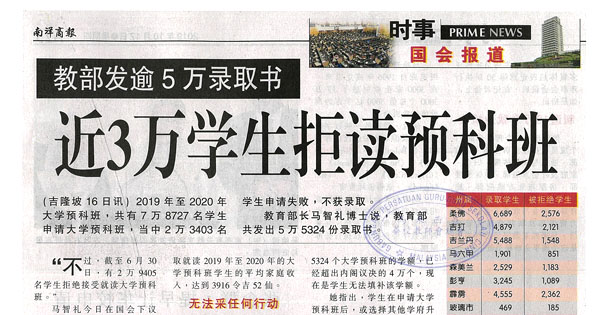 教部发逾5万录取书 近3万学生拒读预科班