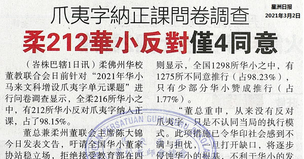 爪夷字纳正课问卷调查 柔212华小反对仅4同意