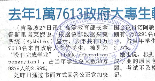 去年1万7613政府大专生辍学