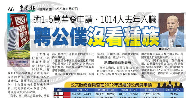 逾1.5万华裔申请 . 1014人去年入职 聘公仆没看种族