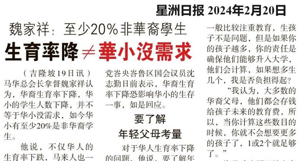 魏家祥：至少20%非华裔学生 生育率降≠华小没需求 